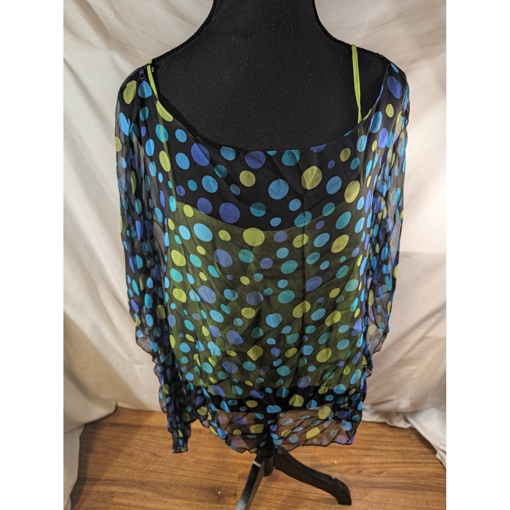 Spenser Jeremy Size Large 100 % Silk Polka Dot Blue Green Poncho Blouse